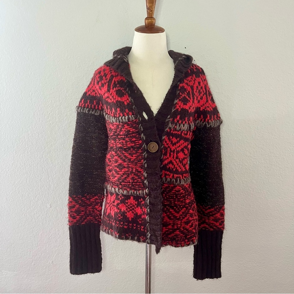 FREE PEOPLE Nordic Fair Isle red brown chunky knit hooded cardigan sweater S